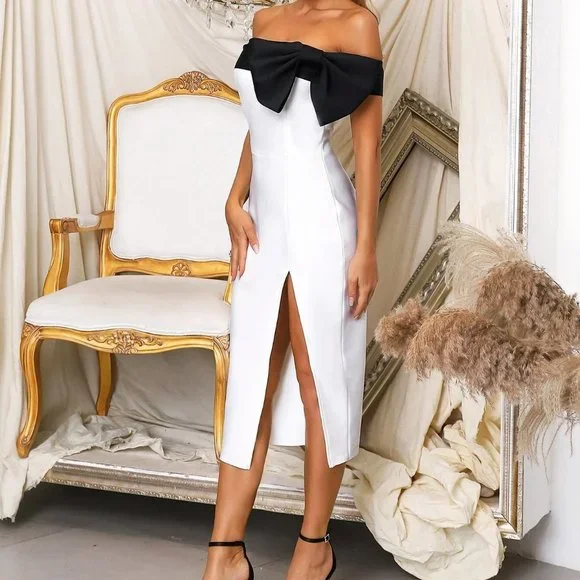 Two Tone Off Shoulder Bow Front Split Thigh Bandage midi Dress - Picture 3 of 4
